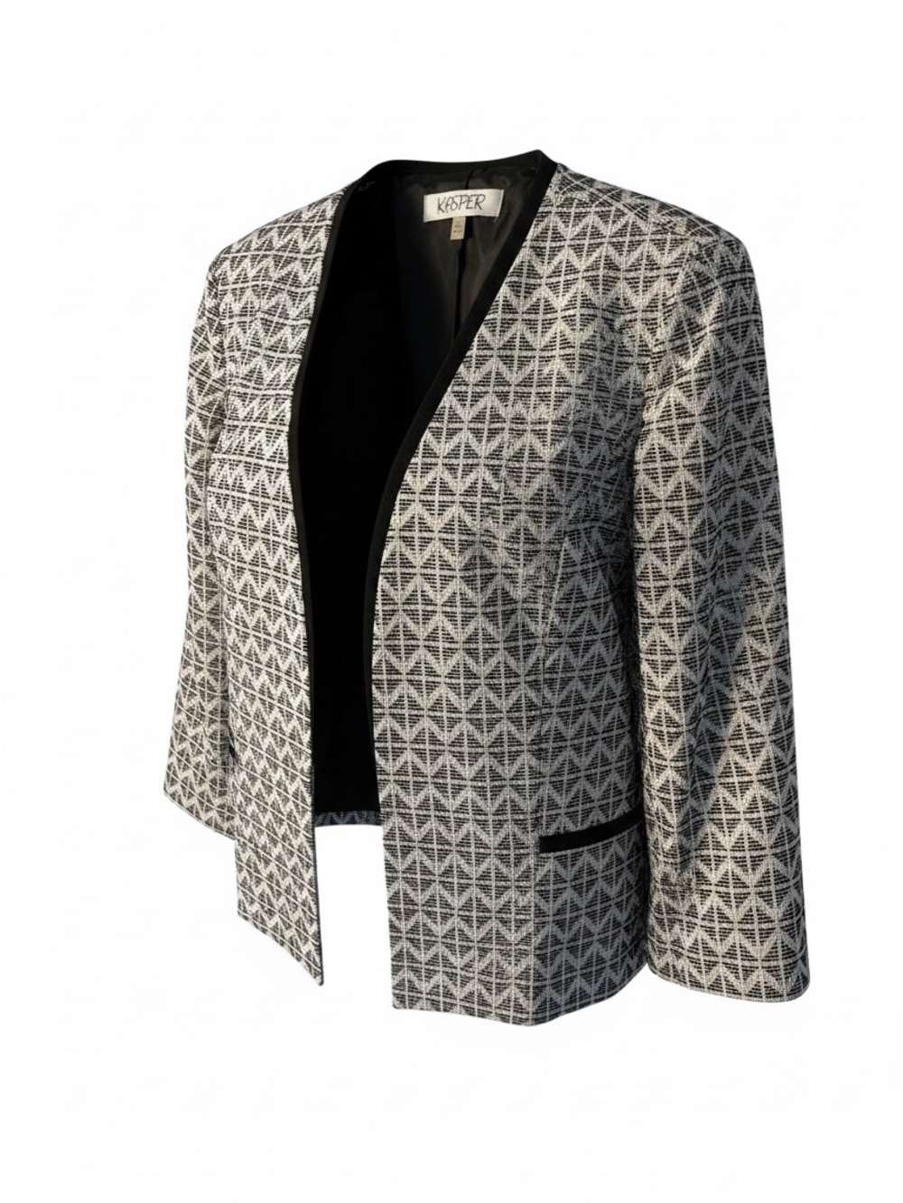 Kasper Black & White Geometric Open-Front Blazer